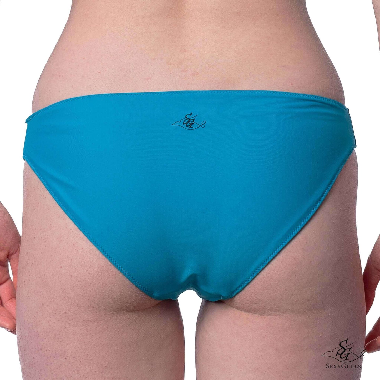 Back view of woman in blue full bum coverage bikini bottom with black embroidered logo. 