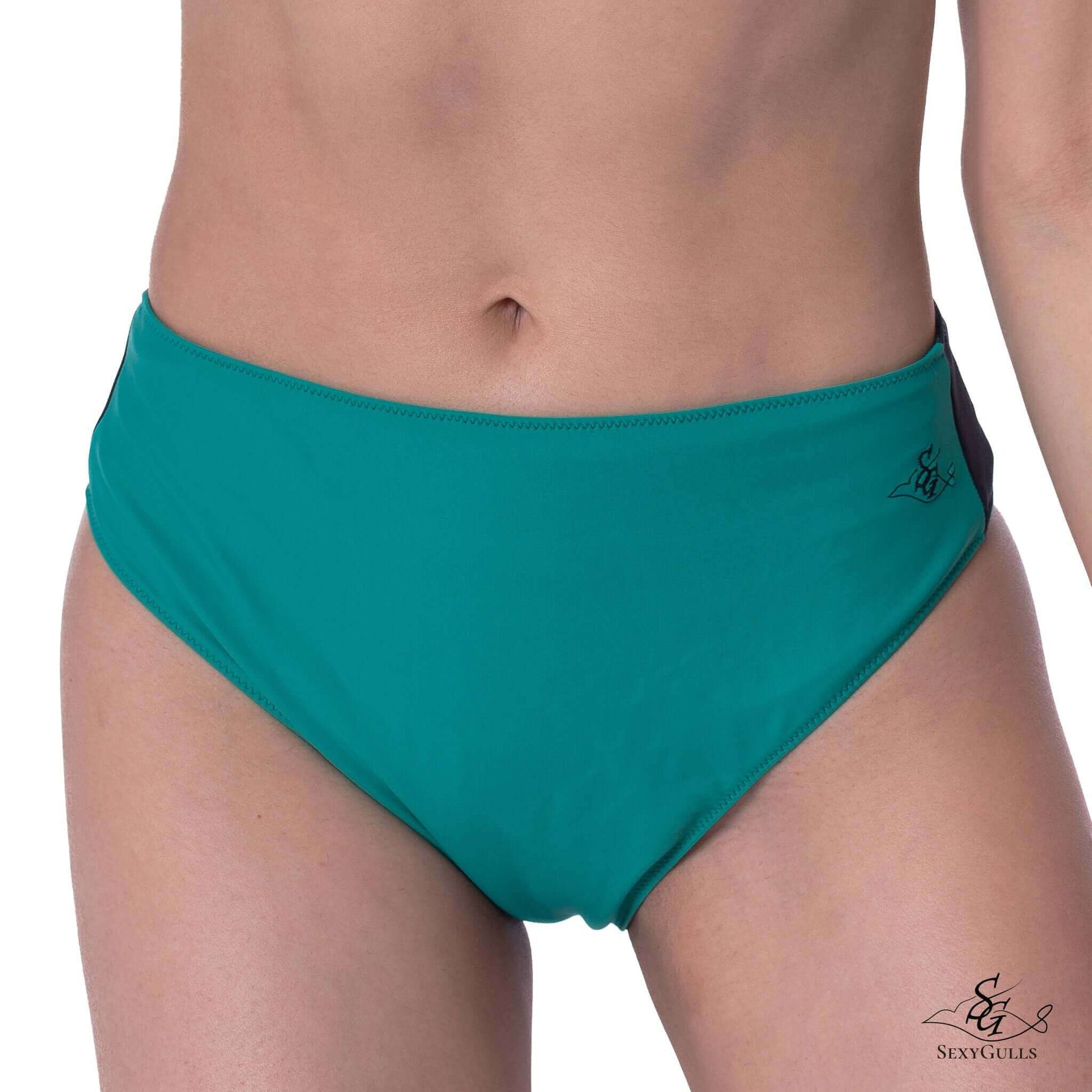 Zoomed in front view for two-toned green and black bikini bottom featuring high waist design