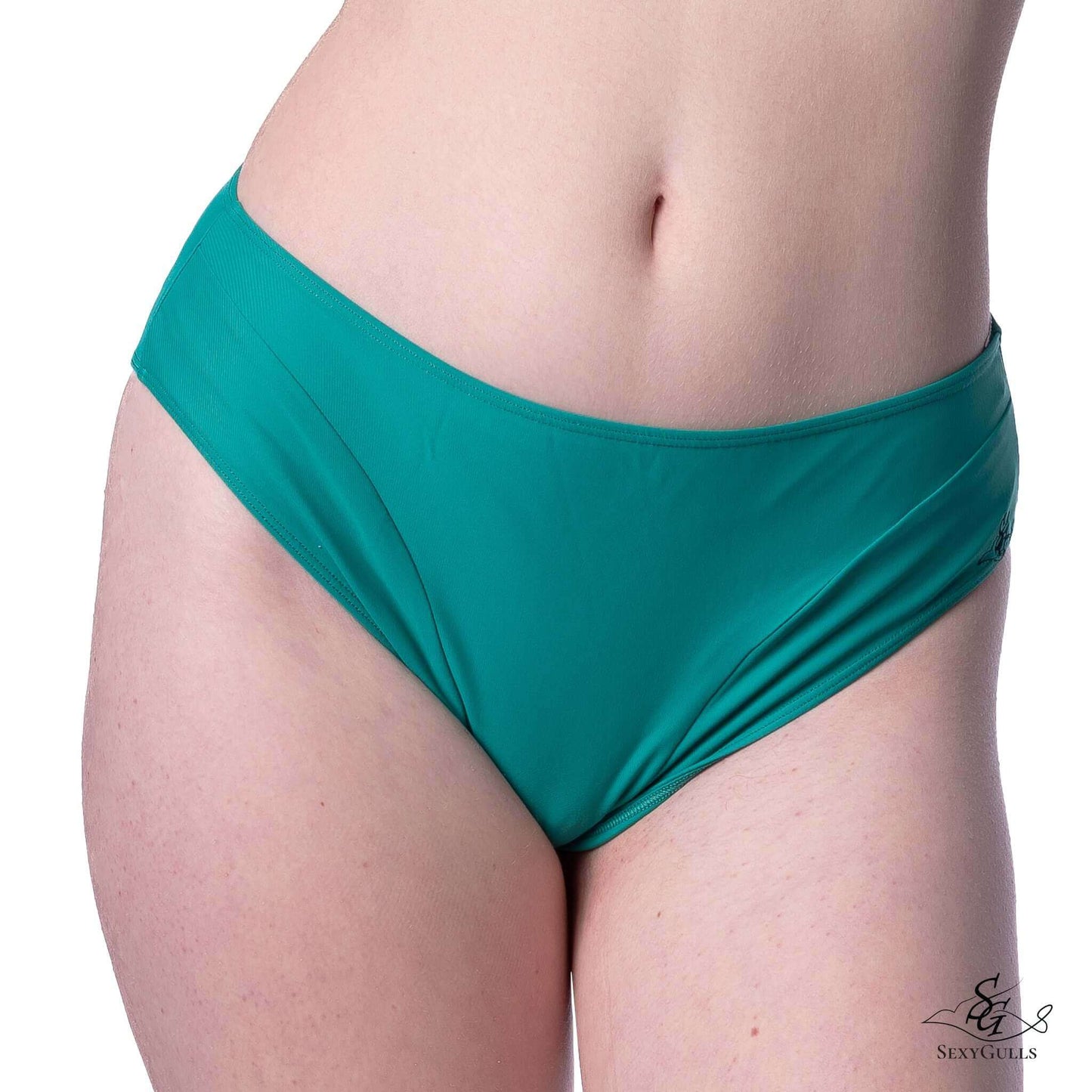 Zoomed in view for green bikini bottom featuring mid waist design