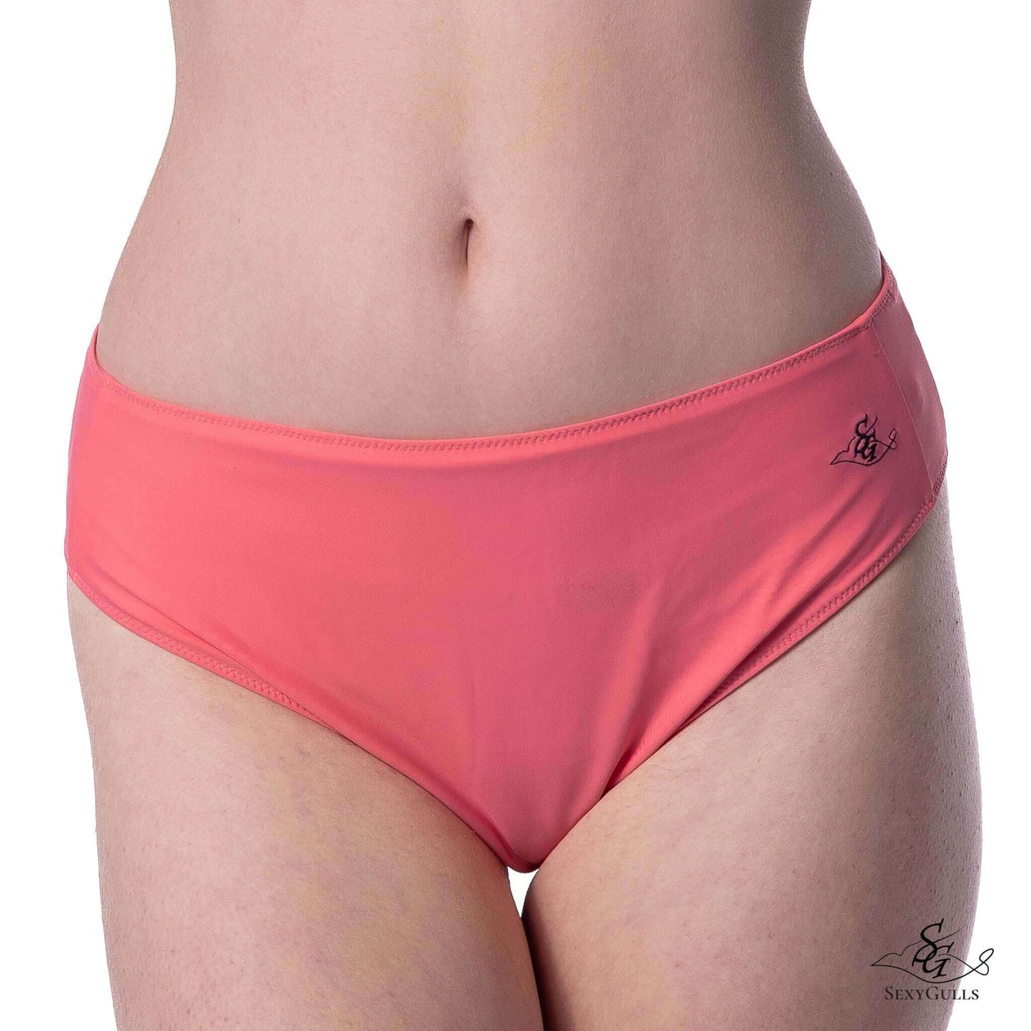 Zoomed in front view for pink bikini bottom featuring high waist design