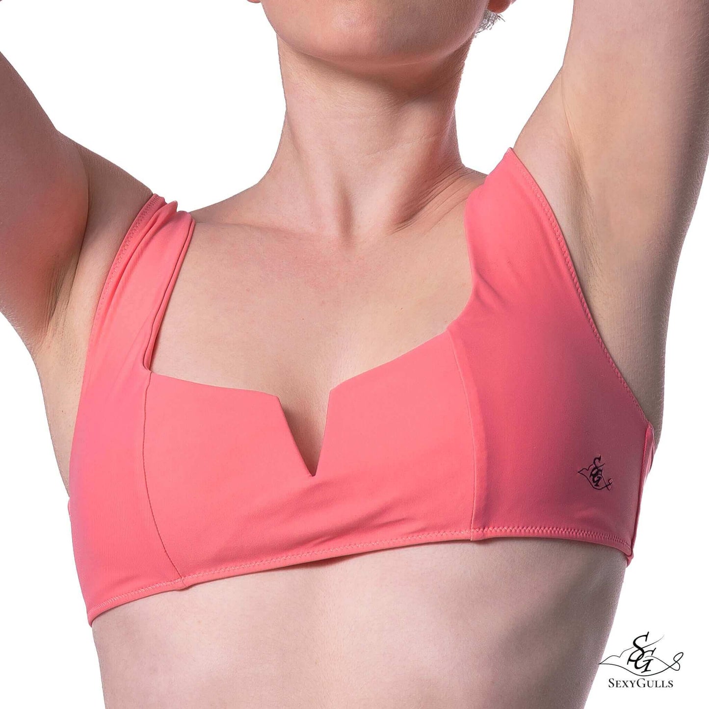 Zoomed in front view for pink bikini top featuring V-Shaped Metal Support