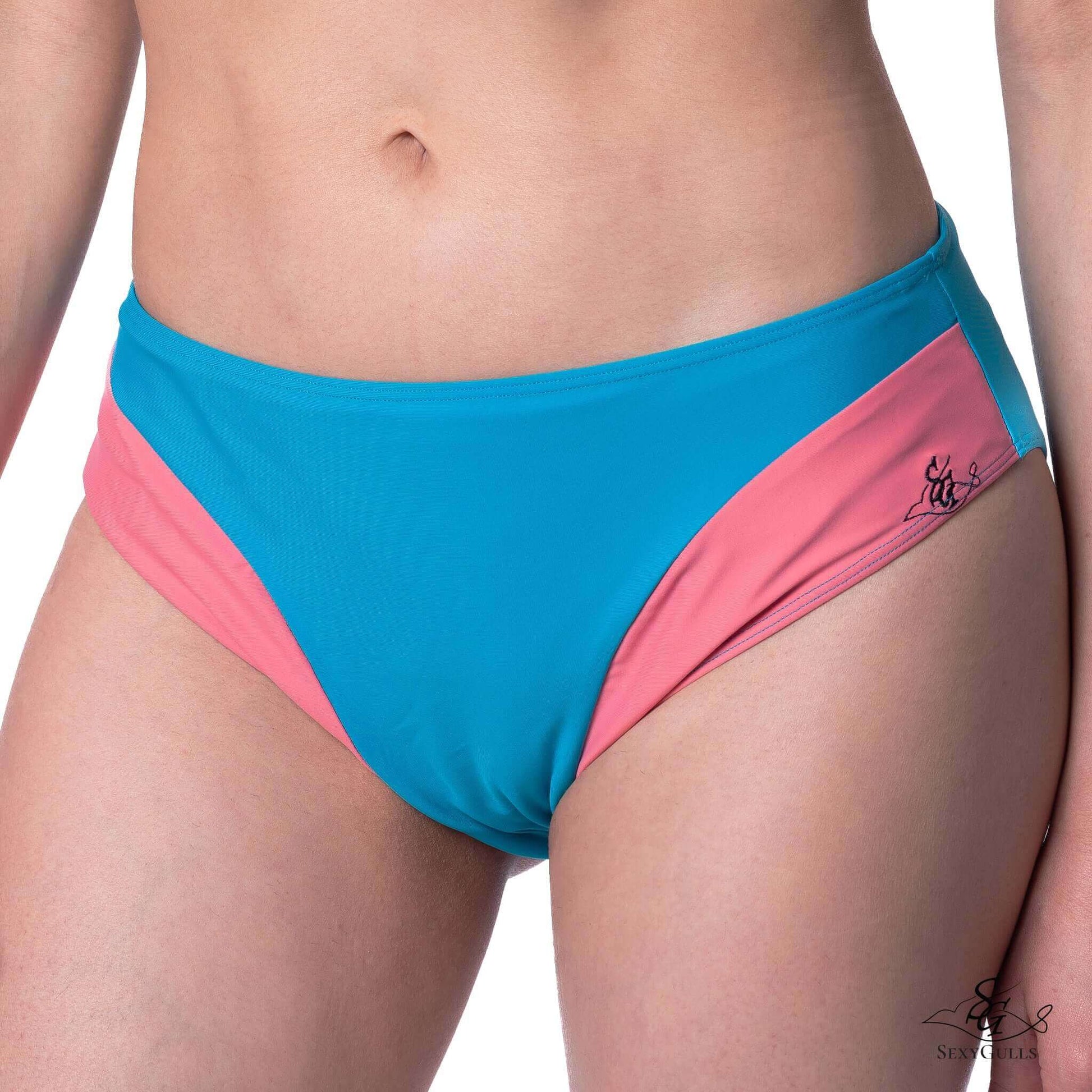 Zoomed in view for two colours bikini bottom featuring mid waist design