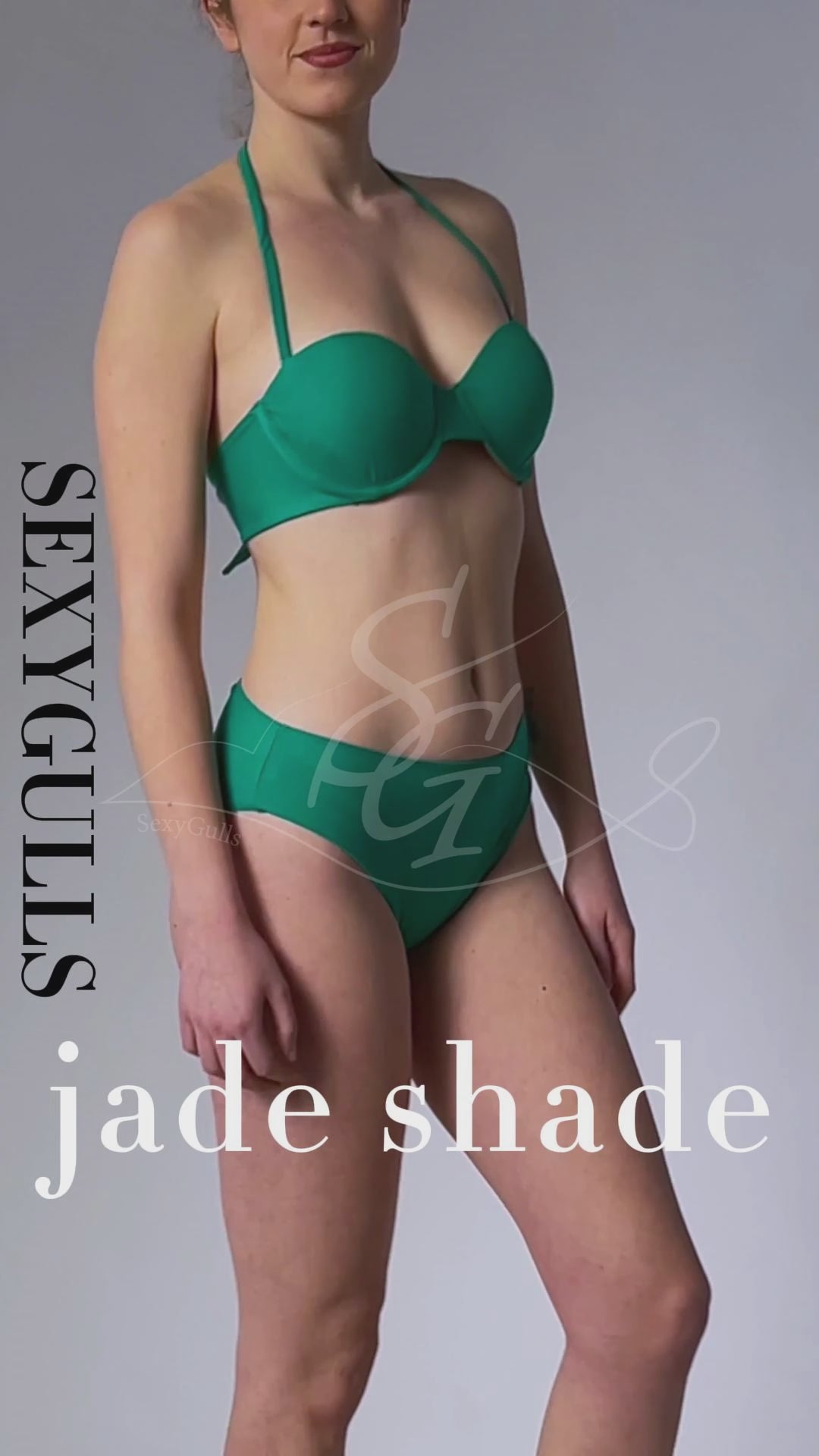 video of model wearing green jade shade bikini in studio